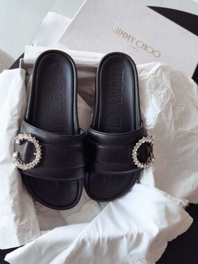 Jimmy Choo Black Leather Crystal Buckle Slide Sandals